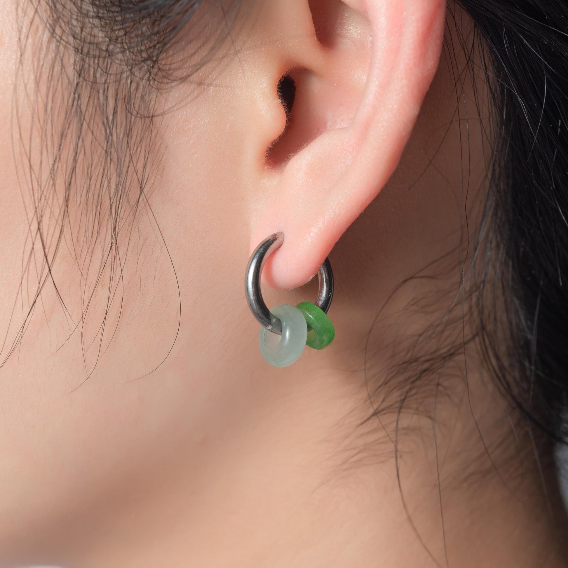 Tiny Titanium Allegy-free Real Jade beads Hoops earrings.Small Green Jade Circle Earrings.Silver dangle.Neutral-Gender Jewelry.Man earrings