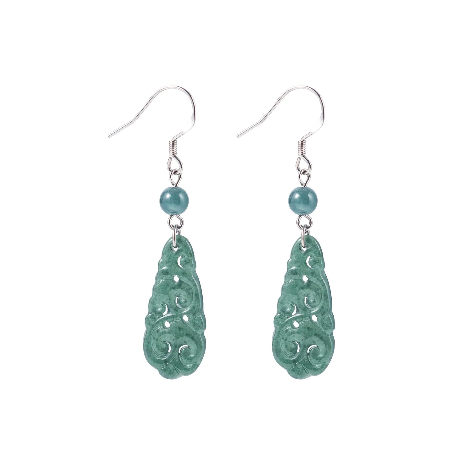Stunning Long Teardrop Jade Earrings.Laced Green Jade.Carved Real Jade Drop Dangle Earrings.Vintage Silver Jade.Chinese Jade Jewelry.Gift