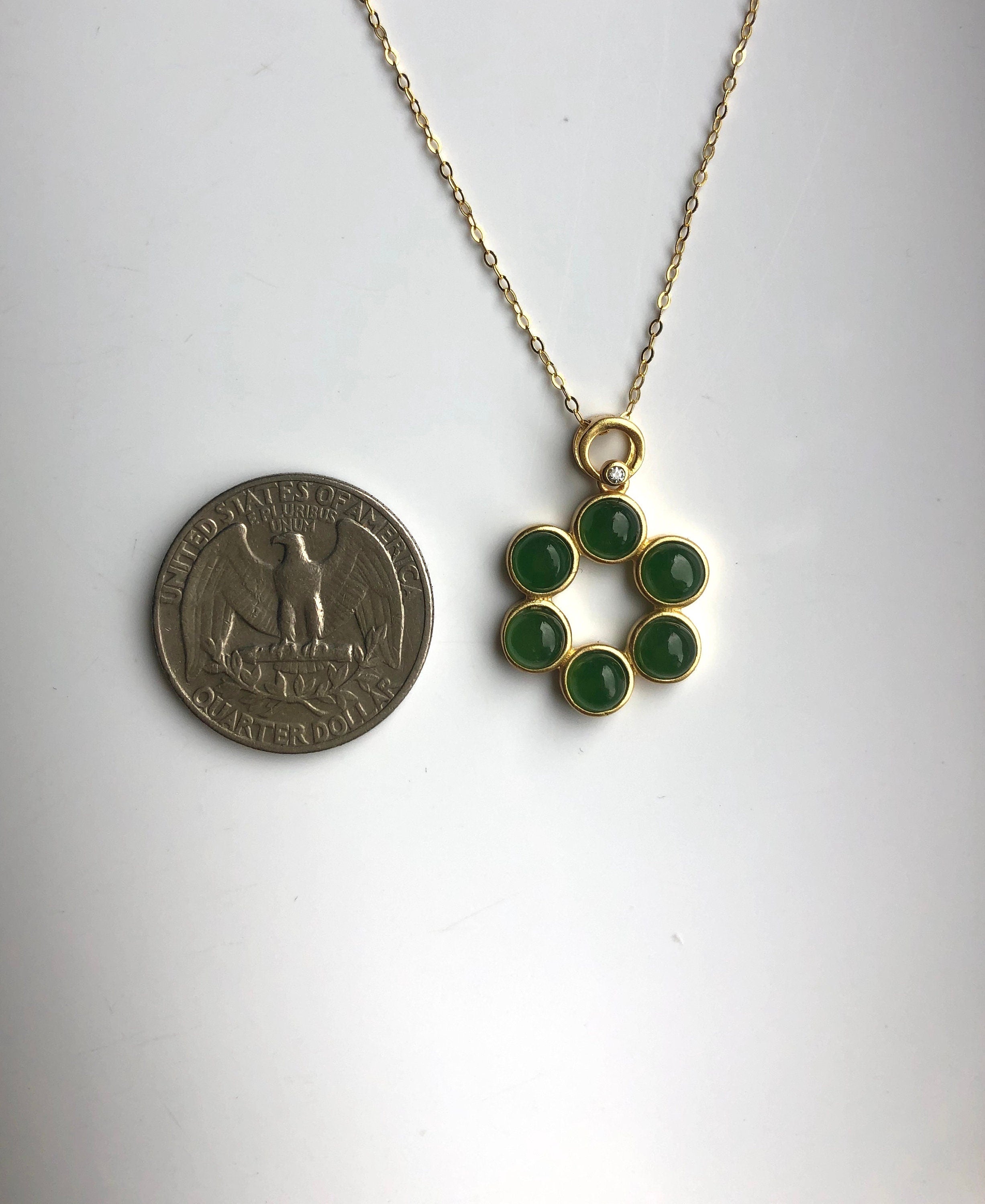 Size comparison of jade pendant next to a coin