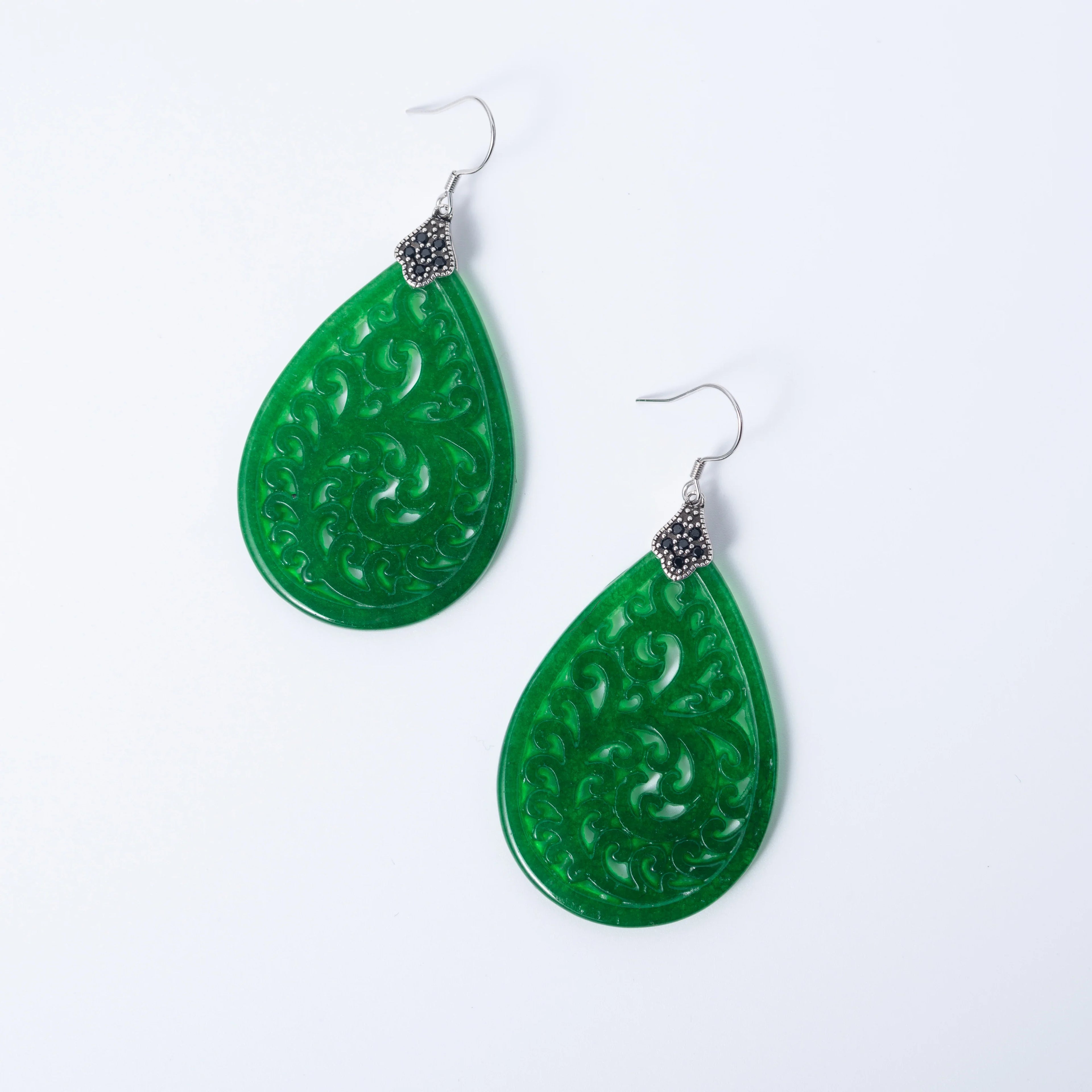 Large dark green jade drop earrings in teardrop shape with vintage sterling silver hooks