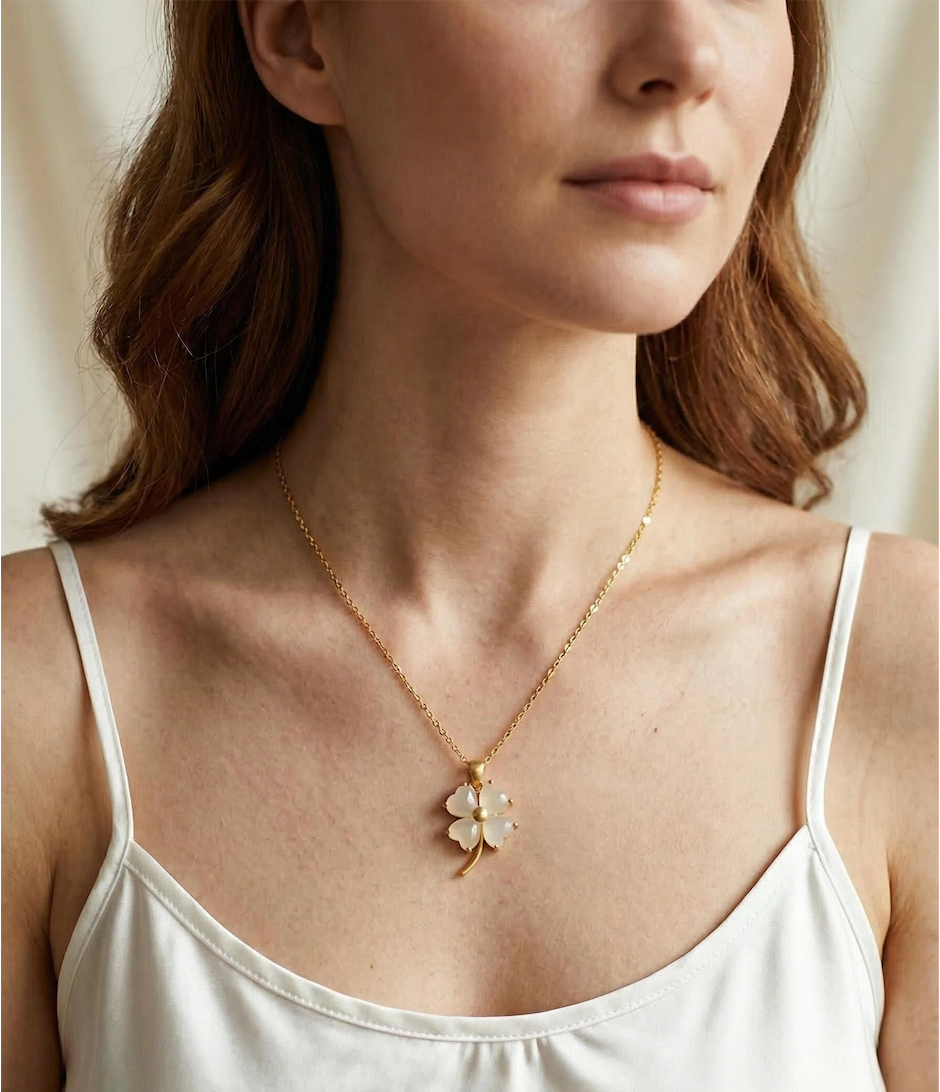 model wearing gold necklace with white flower jade pendant