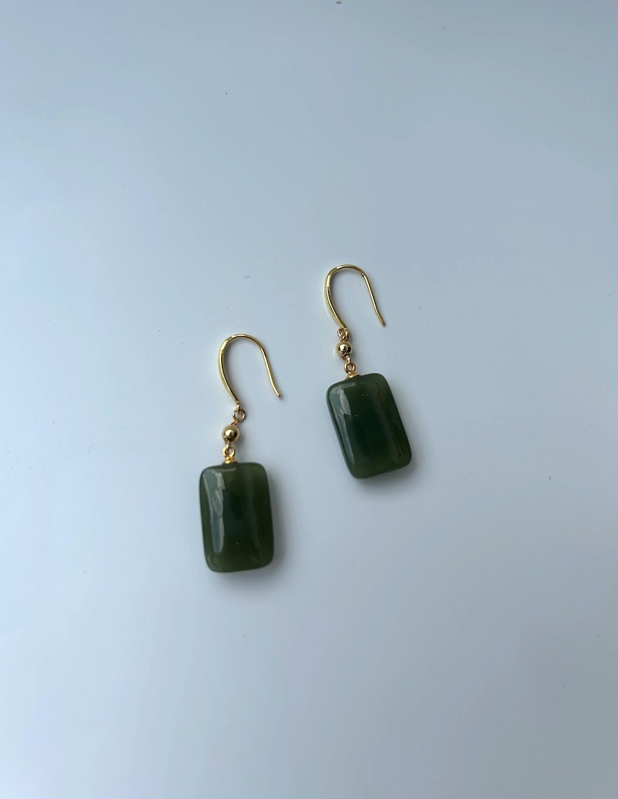 Back view of rectangular jade gemstone earrings showing polished jade surface