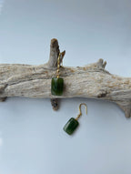Front view of dark green rectangular jade earrings with 14k gold hooks
