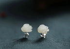 White jade rose stud earrings with sterling silver post, minimalist floral design