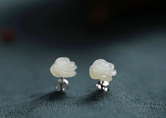 White jade rose stud earrings with sterling silver post, minimalist floral design