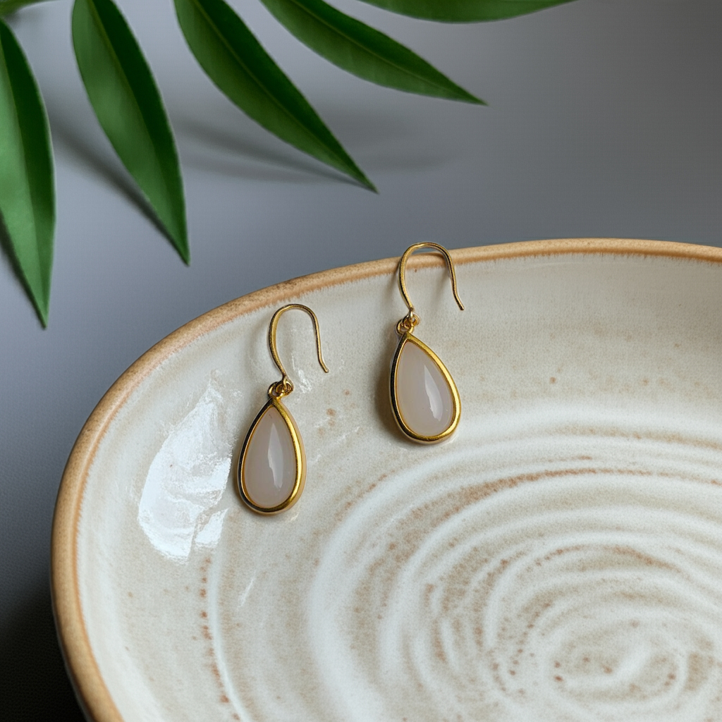 White jade and gold drop earrings placed in a ceramic plate