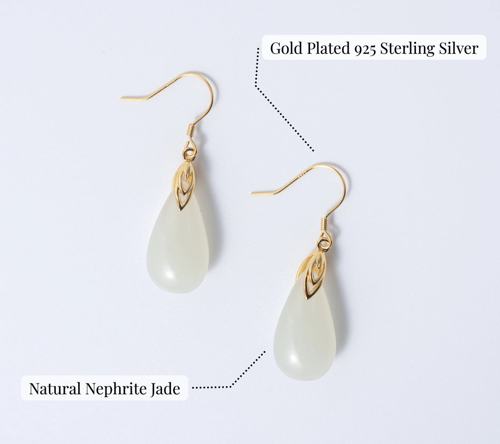 Gold-plated 925 sterling silver earrings with natural nephrite jade stones on a light gray background.