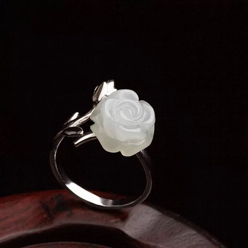 white jade flower ring with silver leaf